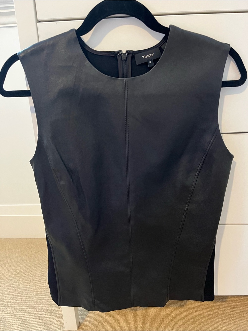 Leather seamed shell top by Theory